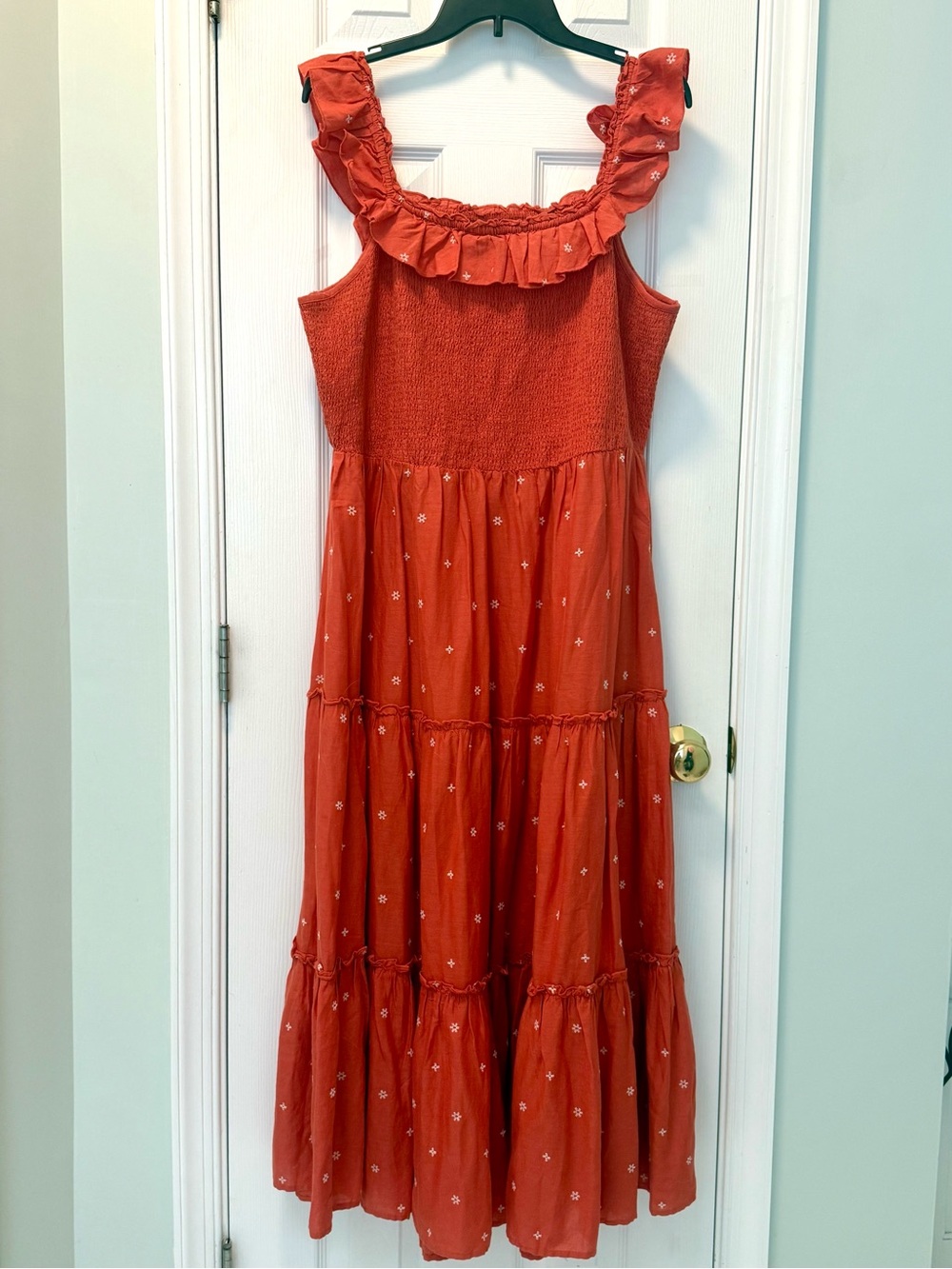 Old Navy Rust Orange Tiered Maxi Dress XL Boho Cottagecore Embroidered Smocked